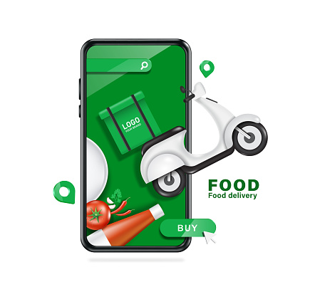 Scooter or motorcycle with a green box for food in back is flying off screen of smartphone after a customer press an order at  bottom of the buy order button ,vector 3d for food delivery concept