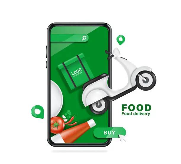 Vector illustration of Scooter or motorcycle with a green box for food in back is flying off screen of smartphone after customer press an order at  bottom of buy order button
