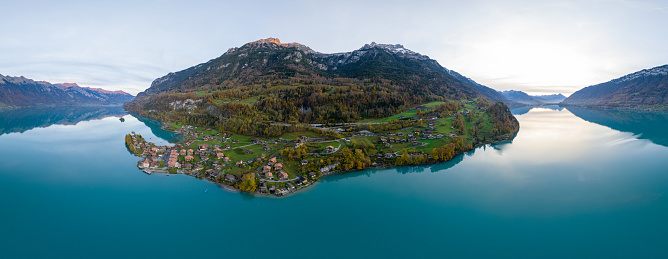 Aerial view of beautiful Interlaken valley and Lake Brienz, Switzerland.