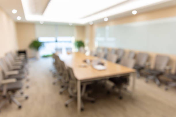 istock Modern company conference room interior with neat tables and chairs 1484745903