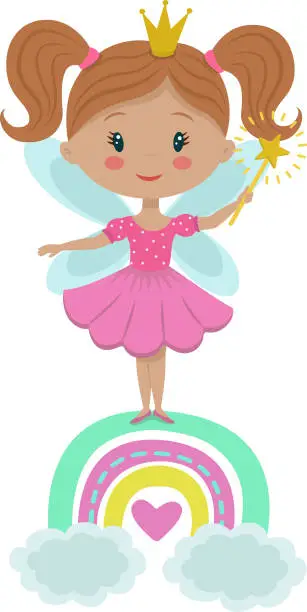 Vector illustration of A cute little fairy in a crown and with wings stands on a rainbow. Funny cartoon character tooth fairy in a pink dress and with a magic wand. Stock vector illustration isolated on a white background