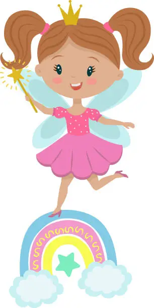 Vector illustration of A cute little fairy with a crown and wings runs across the rainbow. Funny cartoon character tooth fairy in a pink dress and with a magic wand. Stock vector illustration isolated on a white background