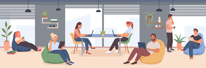 Concept of professional young people studying, talking and working in coworking. Men and women sitting on puffs and work at laptop, talk on phone and relaxing. Vector illustration in flat design