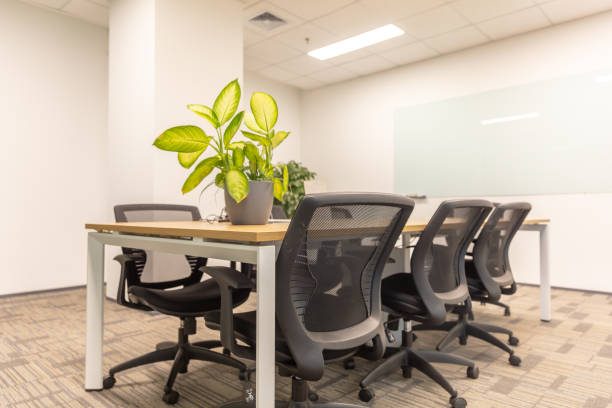 istock Modern office interior, empty conference room with green plants and tables and chairs 1484749246