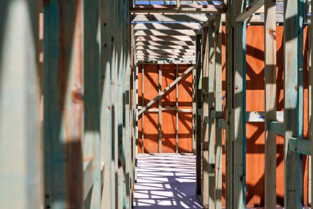 Housing Construction. Internal Timber Frame. Plywood Bracing. Australian Housing Development.