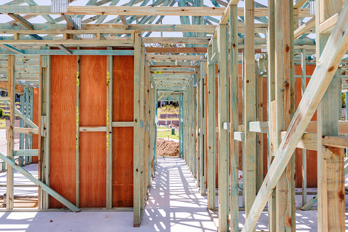 Housing Construction. Internal Timber Frame. Plywood Bracing. Australian Housing Development.