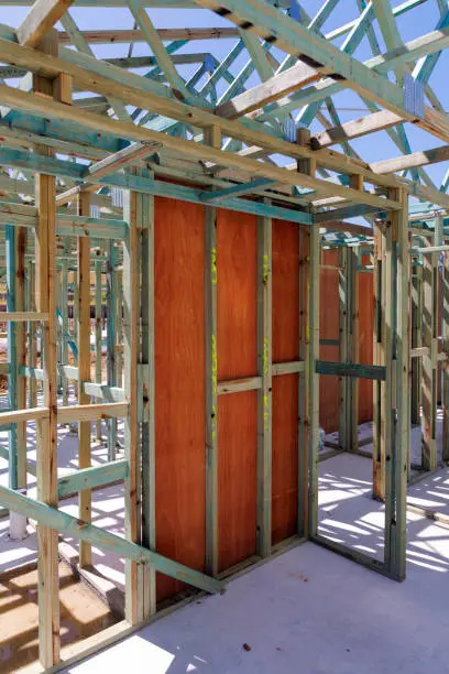 Housing Construction. Internal Timber Frame. Plywood Bracing. Australian Housing Development.