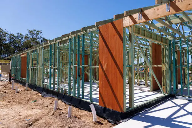 Housing Construction. External Timber Frame. Plywood Bracing. Australian Housing Development.