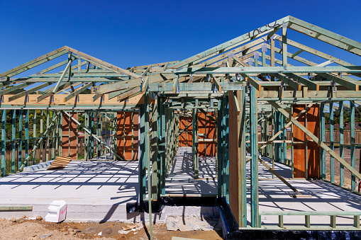 Housing Construction. External Timber Frame. Plywood Bracing. Australian Housing Development.