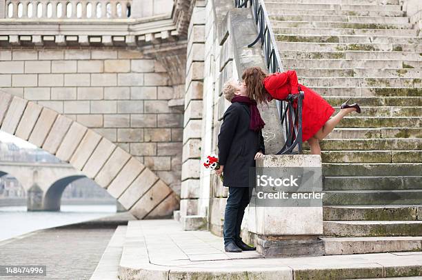 Beautiful Romantic Couple Kissing On A Parisian Embankment Stock Photo - Download Image Now