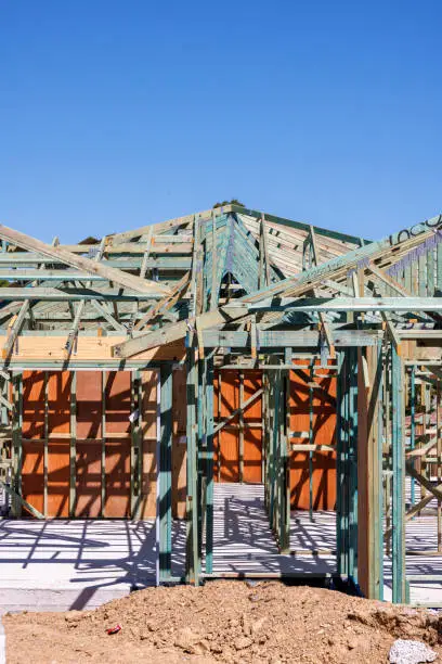 Housing Construction. External Timber Frame. Plywood Bracing. Australian Housing Development.