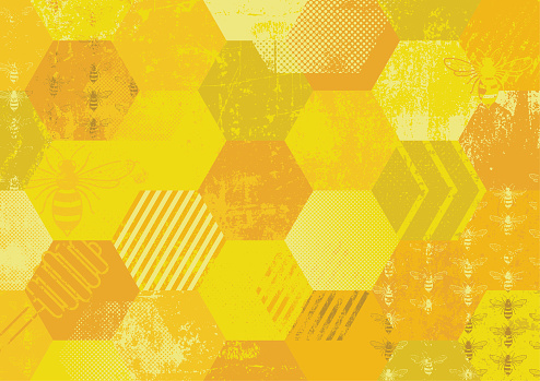Hexagon design honeycomb abstract grunge background with honey bee pattern. Vector illustration grunge, textured background with copy space. Horizontal version.