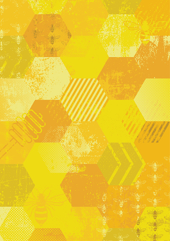 Hexagon design honeycomb abstract grunge background with honey bee pattern. Vector illustration grunge, textured background with copy space. Vertical version.