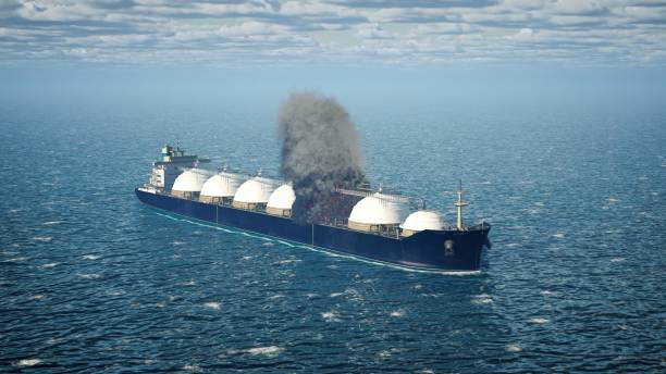 Oil Tanker Ship Burning Gas, Ship, Fire - Natural Phenomenon, Tanker Ship, Burning freight liner stock pictures, royalty-free photos & images