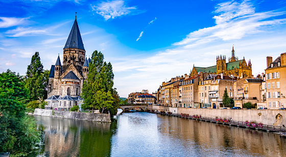 METZ, FRANCE - AUG 5, 2022: The architecture of Metz with the Cathedral of Saint Stephen, France