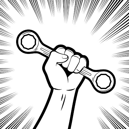 Design Vector Art Illustration.
An original illustration of a firm fist holding a double box-end wrench in the background with comic effects lines.