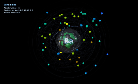 Atom of Barium with Core and 56 Electrons with a black background