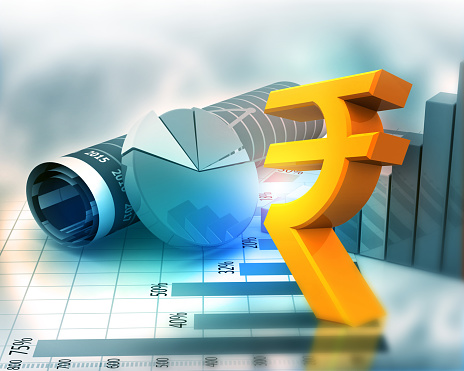 Indian rupee symbol with business chart. 3d illustration