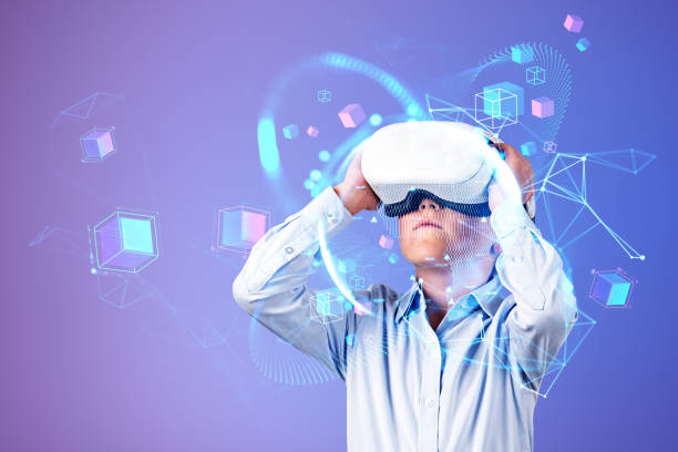 istock Boy wearing vr headset, formal wear is watching at metaverse 1484760082