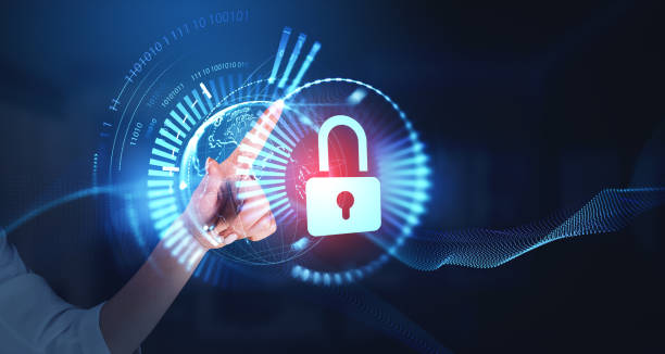istock Woman finger touch cybersecurity hologram with lock and earth globe 1484760132