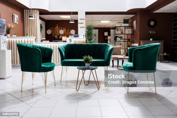 Empty Lounge Area In Hotel Lobby Stock Photo - Download Image Now - Arrival, Bell, Blank