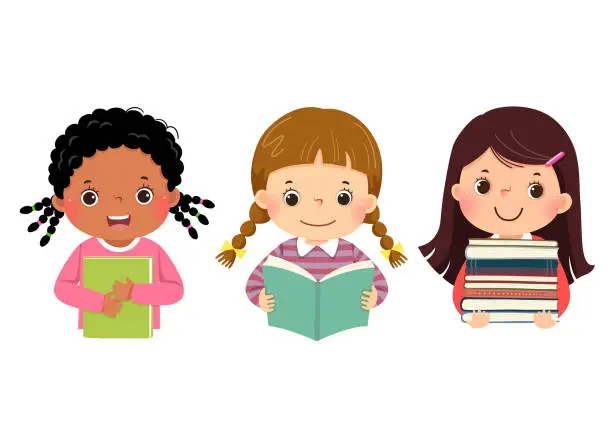 Vector illustration of Set of vector illustration cartoon of little girls with books. Book lover concept