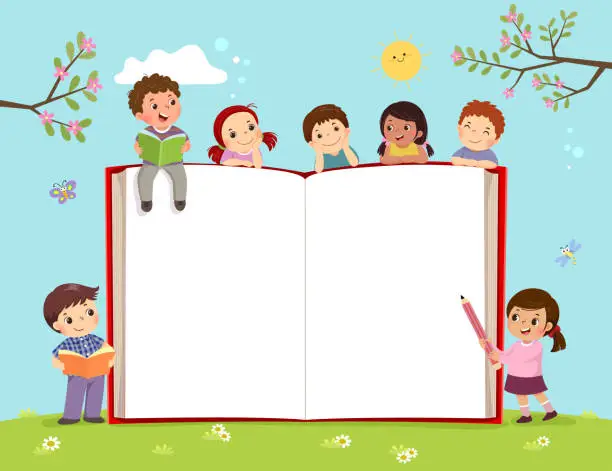 Vector illustration of Template for advertising brochure with kids and opened book on the field