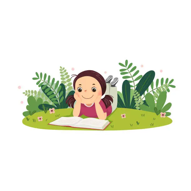 Vector illustration of Vector cartoon girl lying on the grass and reading book