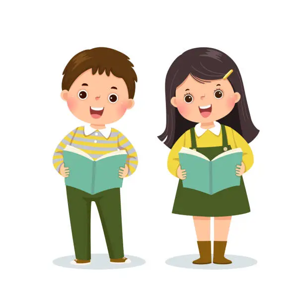 Vector illustration of Vector illustration cartoon of a little boy and girl reading books