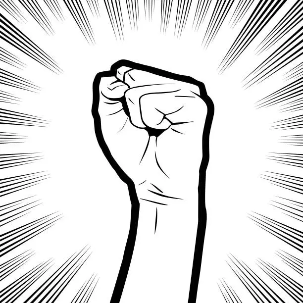 Vector illustration of a firmly powerful fist in the background with comic effects lines