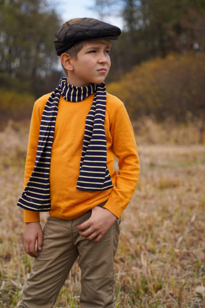 A Cute Boy In Retro Clothes Autumn Walk Mans Fashion Stock A Cute Boy In Retro Clothes Autumn Walk Mans Fashion Stock