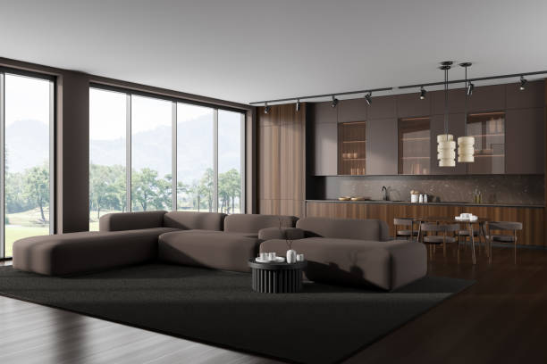 istock Stylish studio interior with chill and eating area with kitchenware 1484762804