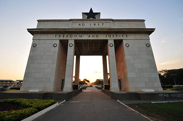 Independence Arch - Accra, Ghana The Independence Square of Accra, Ghana, inscribed with the words "Freedom and Justice, AD 1957", commemorates the independence of Ghana, a first for Sub Saharan Africa. It contains monuments to Ghana's independence struggle, including the Independence Arch, Black Star Square, and the Liberation Day Monument. ghana photos stock pictures, royalty-free photos & images