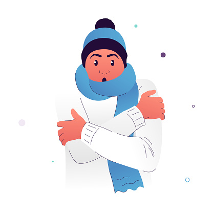 Vector illustration of a character wrapped in a scarf. The man is shivering from the cold. A person has a cold that causes coldness in the head and throat. Symptoms of viral infections, colds, flu