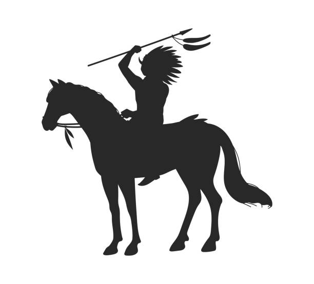 illustrazioni stock, clip art, cartoni animati e icone di tendenza di siluetta nera del nativo americano sullo stile piatto del cavallo - indian ethnicity ethnic indigenous culture indian culture