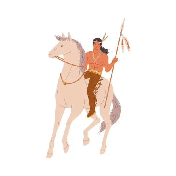Vector illustration of Native American man in traditional costume with feathers on horseback flat style