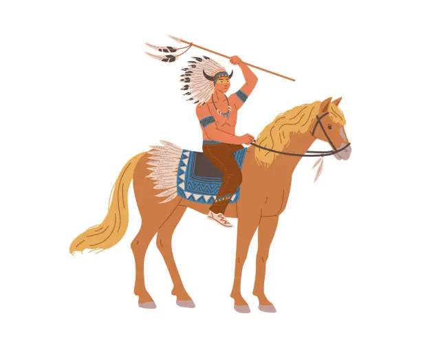 Vector illustration of Warrior Native American man on horseback flat style, vector illustration