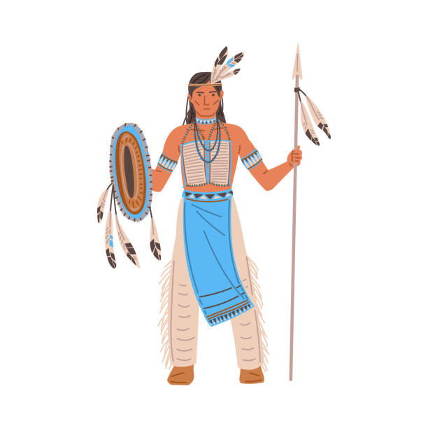 illustrazioni stock, clip art, cartoni animati e icone di tendenza di nativo americano in piedi in costume tradizionale con piume stile piatto - indian ethnicity ethnic indigenous culture indian culture