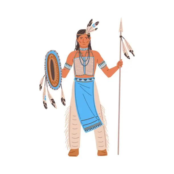 Vector illustration of Standing Native American in traditional costume with feathers flat style