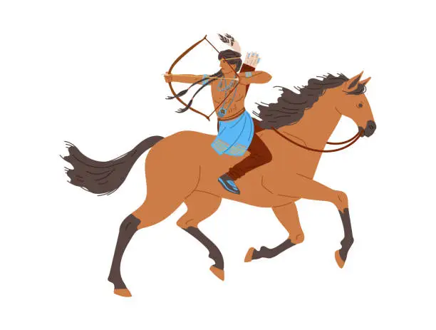 Vector illustration of Native American man on horseback draws bowstring flat style