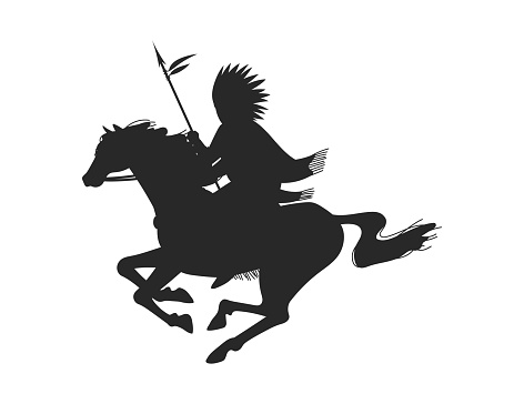 Native American warrior riding horse, black silhouette flat vector illustration isolated on white background. Native American icon. Man riding on horseback with spear.
