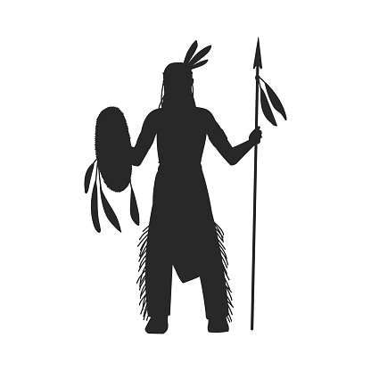 Native American tribe warrior with spear, black silhouette flat vector illustration isolated on white background. Indigenous American soldier with traditional weapon.