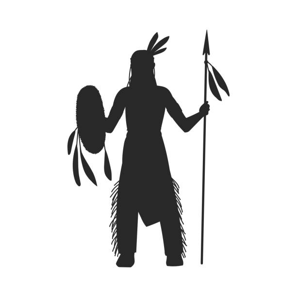 Native American tribe warrior with spear, black silhouette flat vector illustration isolated on white background. Native American tribe warrior with spear, black silhouette flat vector illustration isolated on white background. Indigenous American soldier with traditional weapon. spear stock illustrations