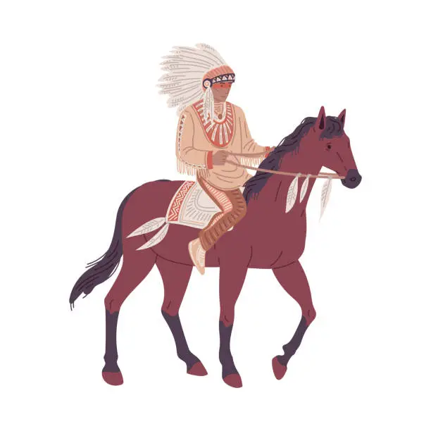 Vector illustration of Native Americans tribe member riding horse, flat vector illustration isolated on white background. Man wears traditional clothes and accessories of indigenous Americans. Native American on horseback.