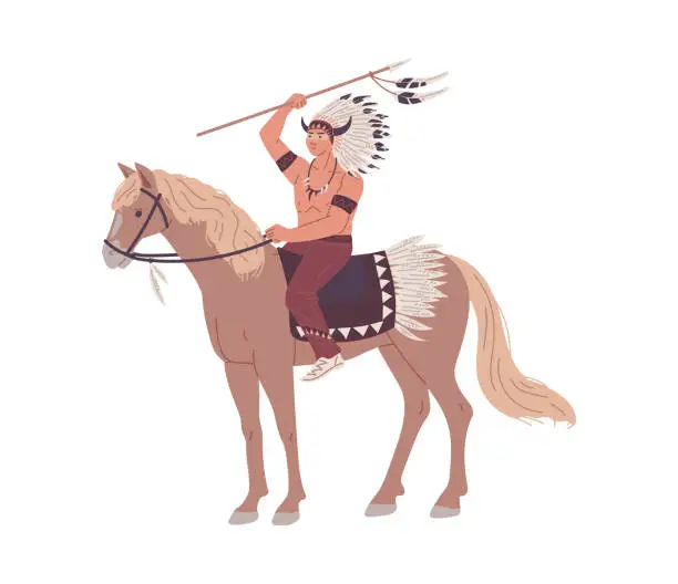 Vector illustration of Indigenous American warrior on horseback with spear weapon - flat vector illustration isolated on white background. Native Americans tribe member in traditional clothes and feathered headwear.