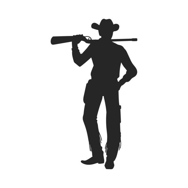 schwarze silhouette eines cowboys mit rüschenpistole, flache vektorillustration isoliert auf weißem hintergrund. - cowboy hat wild west single object white background stock-grafiken, -clipart, -cartoons und -symbole