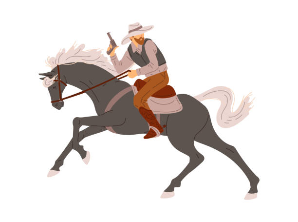 gefährlicher cowboy mit waffe auf pferd, cartoon-flache vektorillustration isoliert auf weißem hintergrund. - cowboy hat wild west single object white background stock-grafiken, -clipart, -cartoons und -symbole