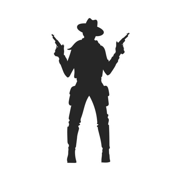 白い背景に2つの銃を持つカウボーイ、黒いシルエット – 平らなベクターイラスト。 - cowboy wild west silhouette gun点のイラスト素材／クリップアート素材／マンガ素材／アイコン素材