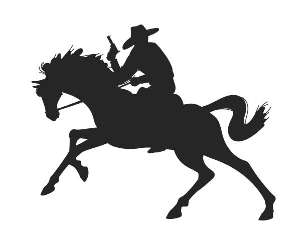 gefährlicher cowboy auf pferd mit waffe, schwarze silhouette flache vektorillustration isoliert auf weißem hintergrund. - cowboy hat wild west single object white background stock-grafiken, -clipart, -cartoons und -symbole