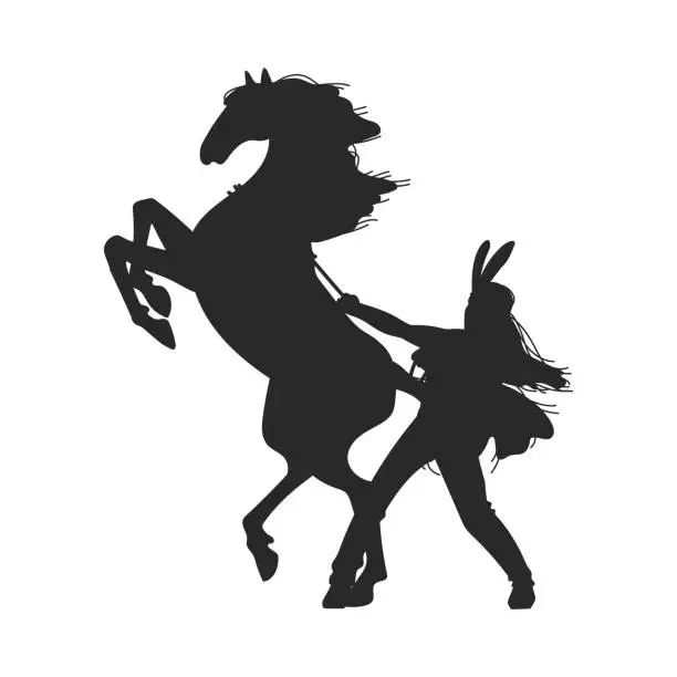 Vector illustration of Black silhouette of Native American holding horse reared up flat style